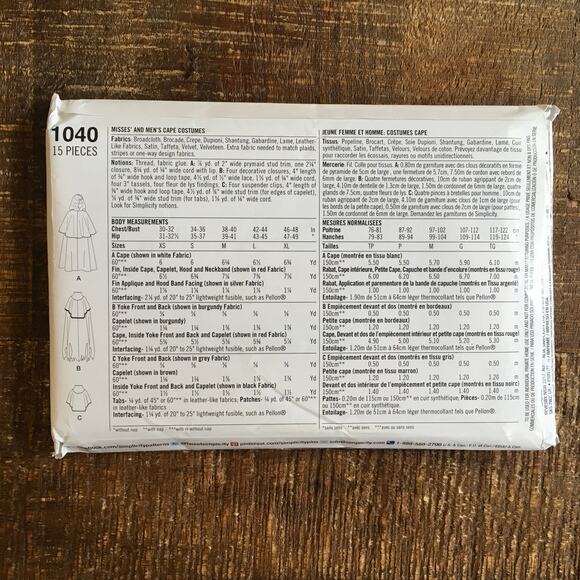 Simplicity Sewing Pattern 1040 Assassins Creed Hood Cloak Cape XS-XL UNCUT - Picture 2 of 2